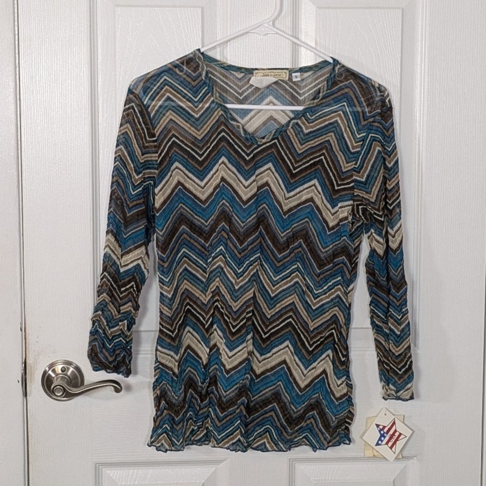 NWT Y2K Style Jess & Jane Chevron Crushed Mesh Blouse Top Teal Brown‎ Small